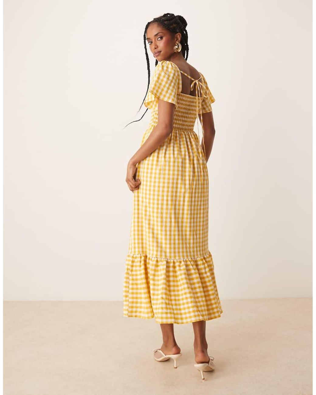 Lovedrobe Natural Gingham Square Neck Short Sleeve Midaxi Dress