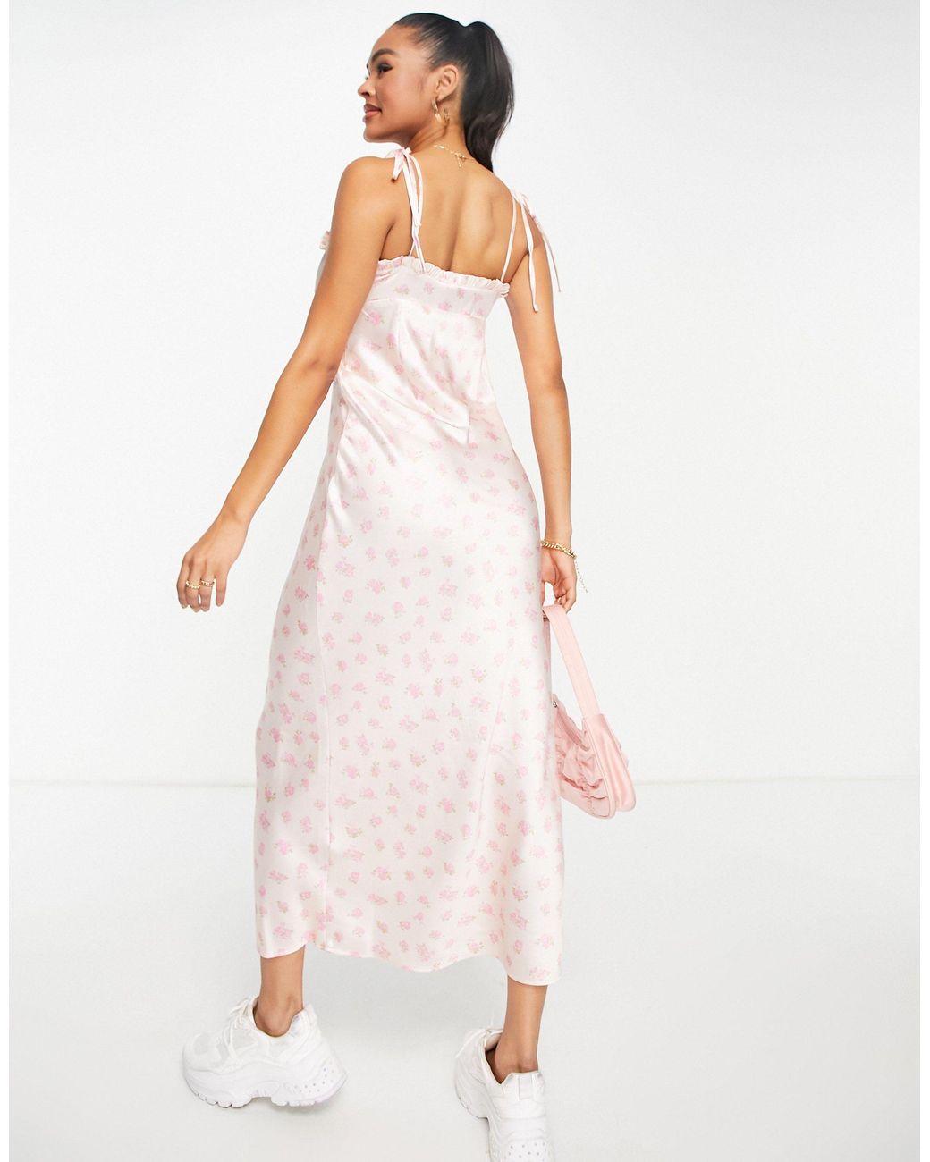 Pink Floral Print Pleated Cami Midi Dress, SilkFred US