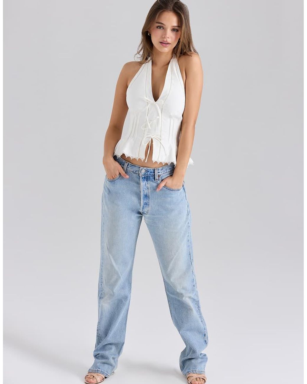 House Of Cb White Elana Stretch Cotton Halter Neck Corset Top