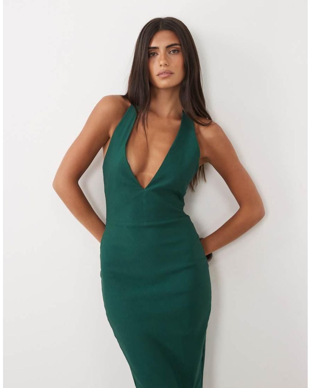 Vesper Green Bengaline Scoop Halterneck Tie Detail Midi Dress