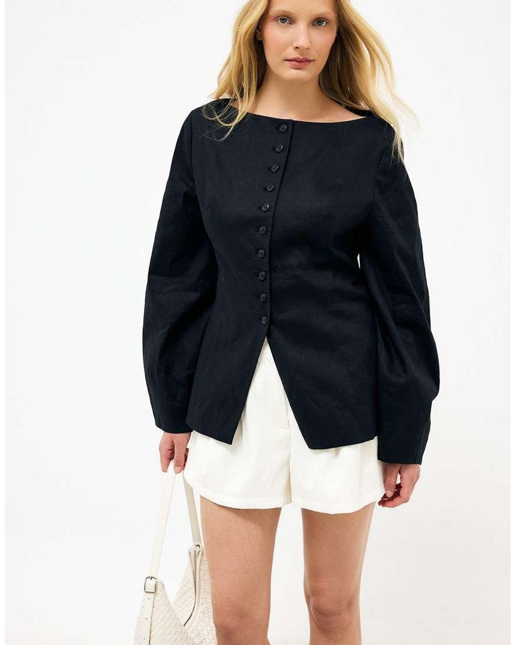 NA-KD Black Linen Blend Boatneck Fitted Blazer