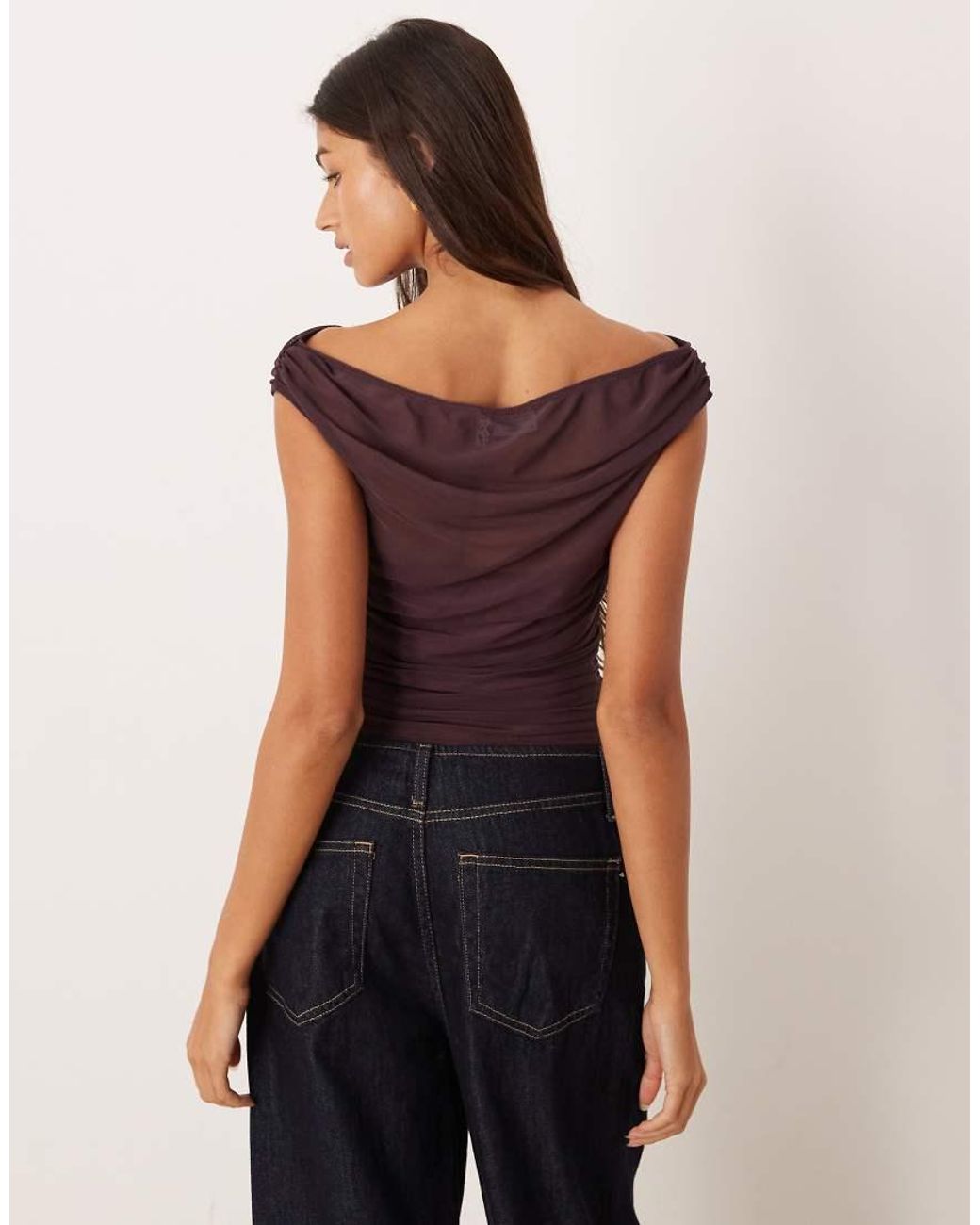 ASOS Purple Gathe Short Sleeve Off Shoulder Mesh Top