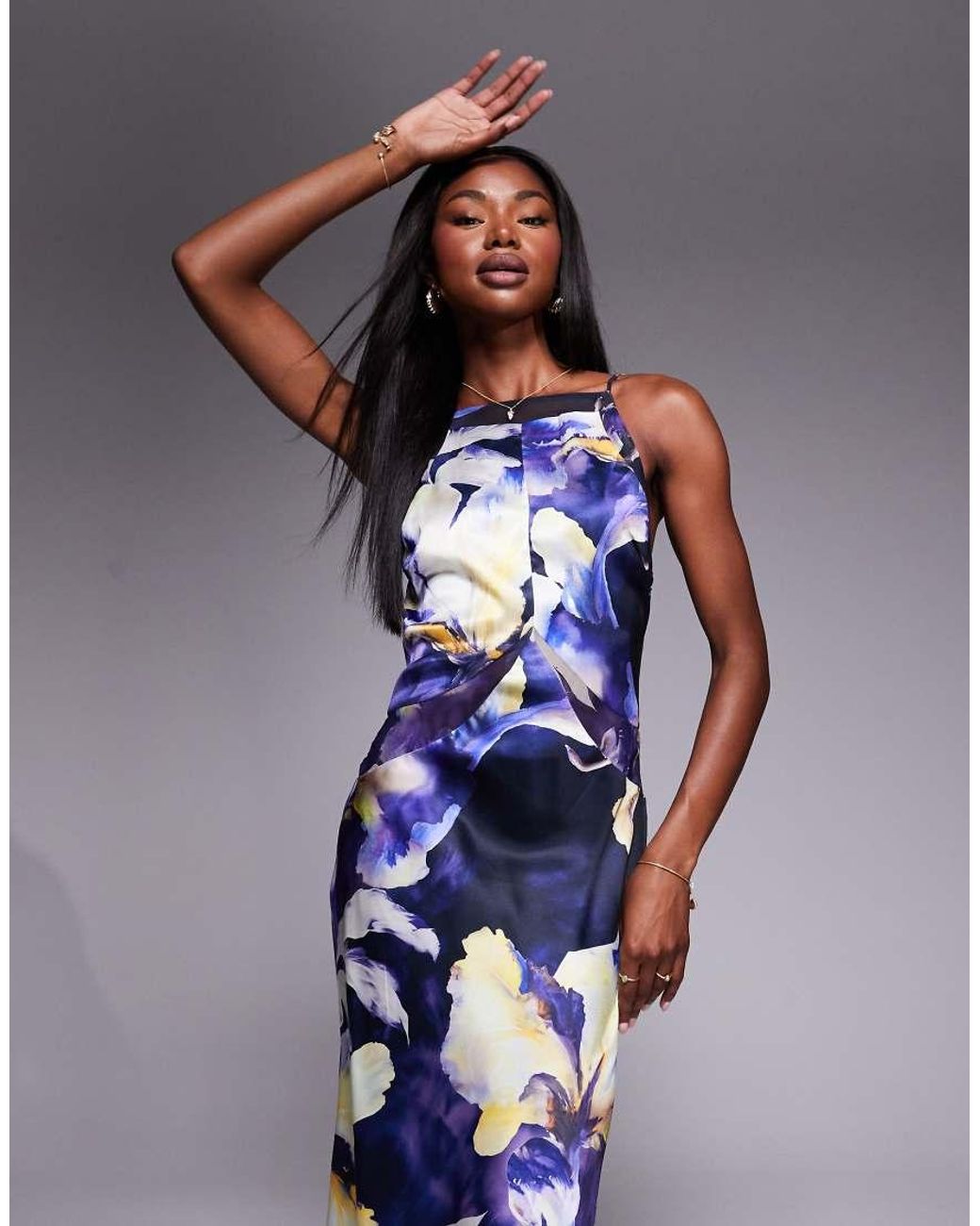 ASOS Blue Satin Chiffon Mix Square High Neck Maxi Dress