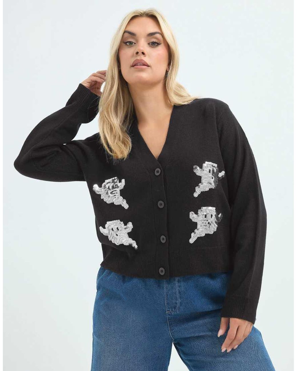 Yours Clothing Black Sequin Ghost Knitted Cardigan