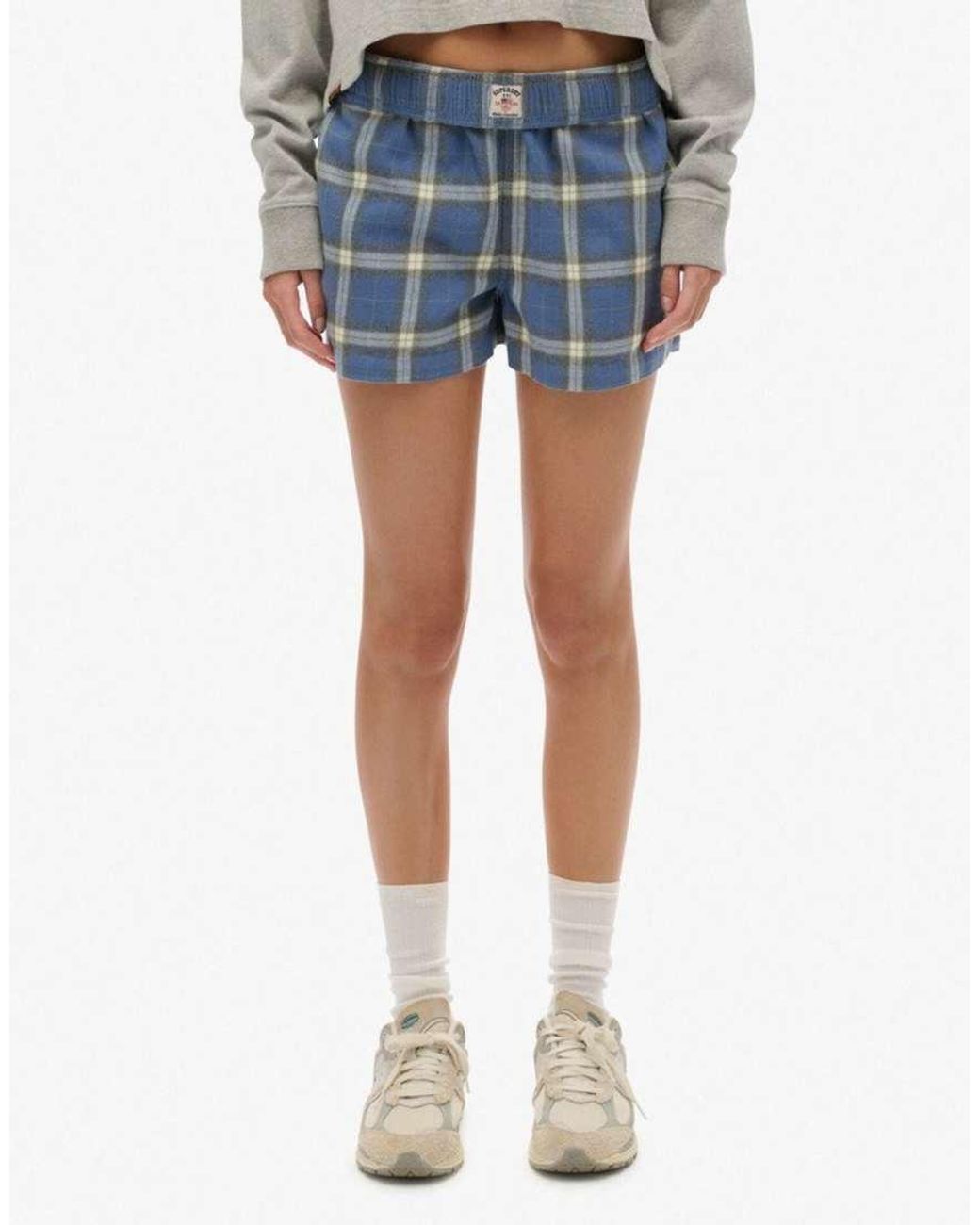 Superdry Blue Cotton Check Elastic Shorts