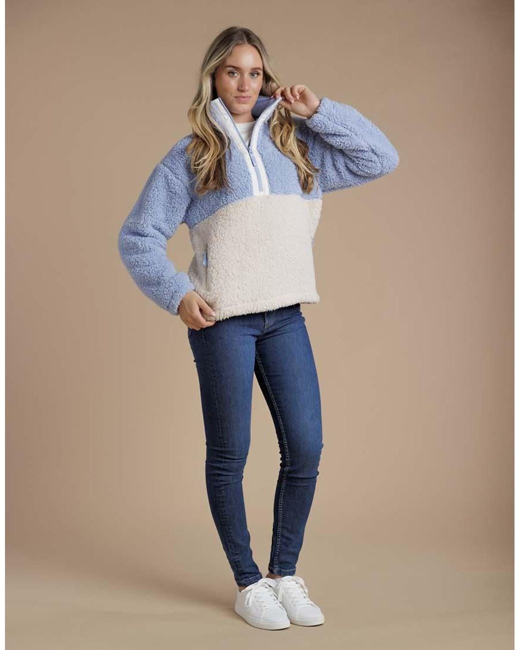 French Connection Blue Borg Colourblock High Neck 1/2 Zip Fleece Pullover