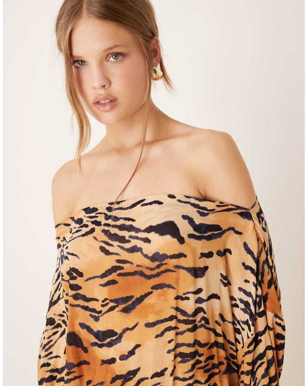 Never Fully Dressed Natural Plisse Off Shoulder Maxi Dress