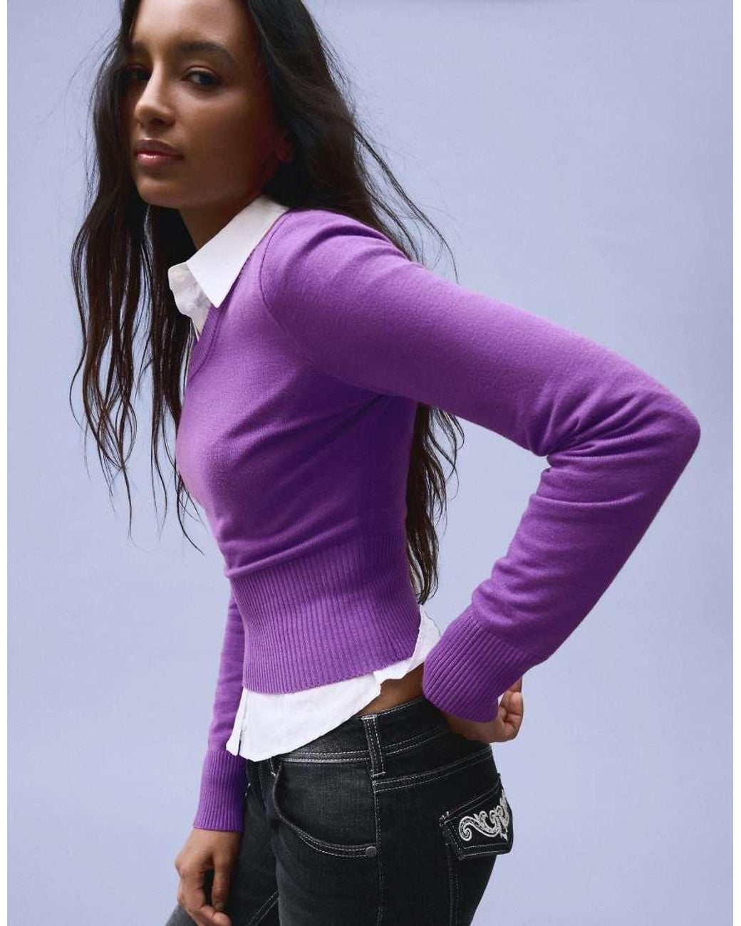 Bershka Purple Embroidered V-neck Jumper