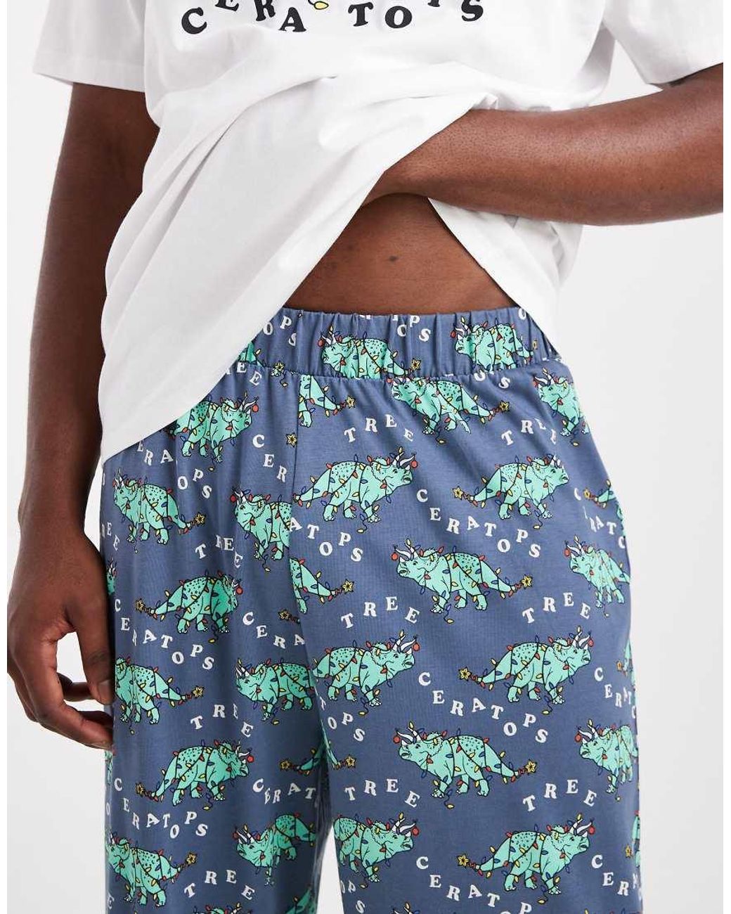ASOS Blue Christmas Pyjama Set With Dinosaur Graphic for men