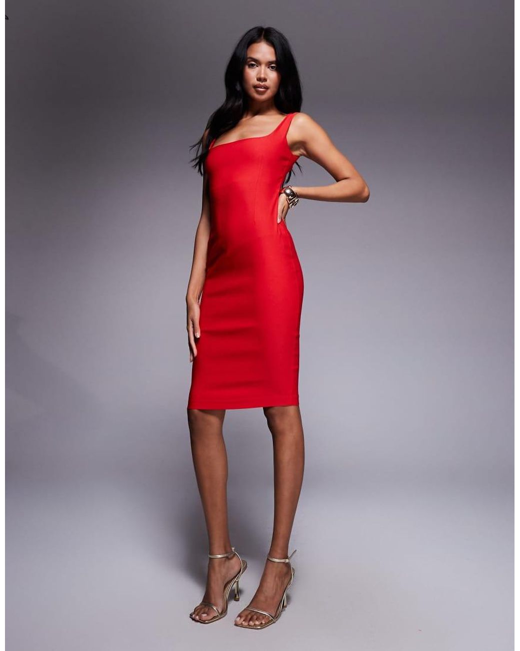Vesper Red Bengaline Square Neck Bodycon Midi Dress