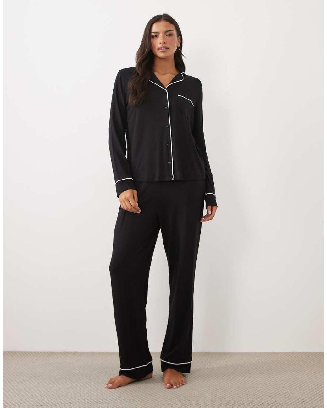 ASOS Black Super Soft Long Sleeve Shirt & Trouser Pyjama Set