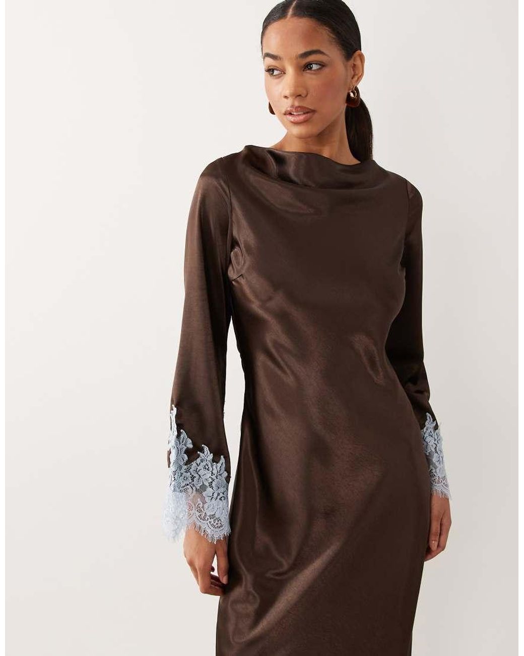 TFNC London Brown Satin Cowl Neck Contrast Lace Trim Bell Sleeve Maxi Dress