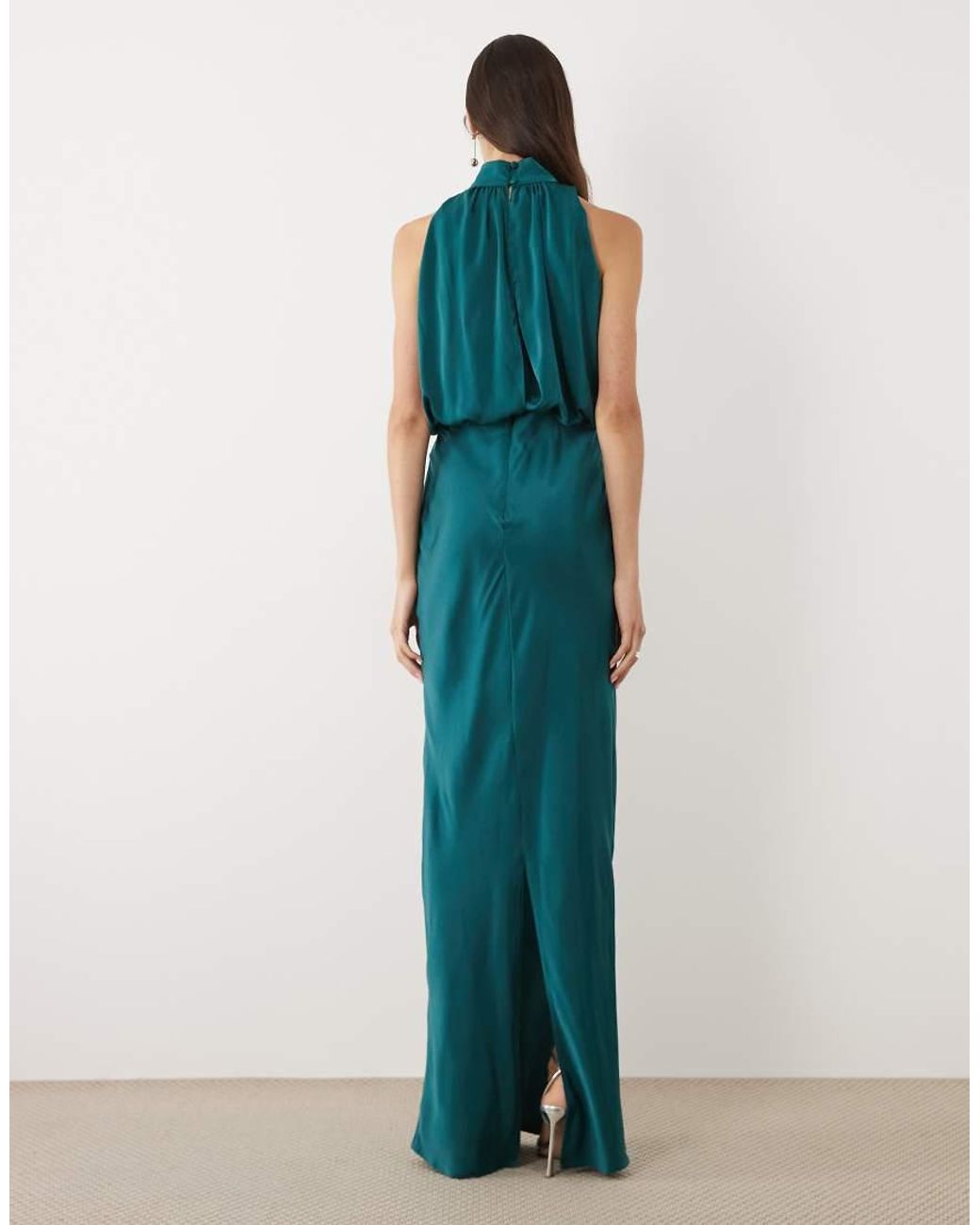 ASOS Blue Asos Design Tall Halterneck Blouson Satin Maxi Dress