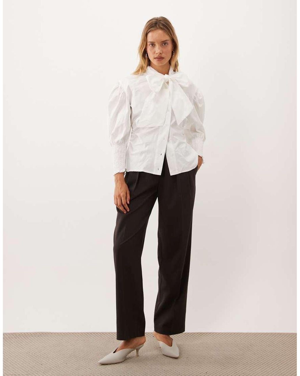 Ghospell White Vittoria Cotton Blend Oversized Bow Blouse With Ruched Sleeves