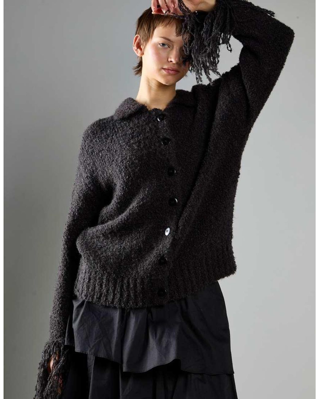 Glamorous Black Fringe Cuff Button-Front Cardigan