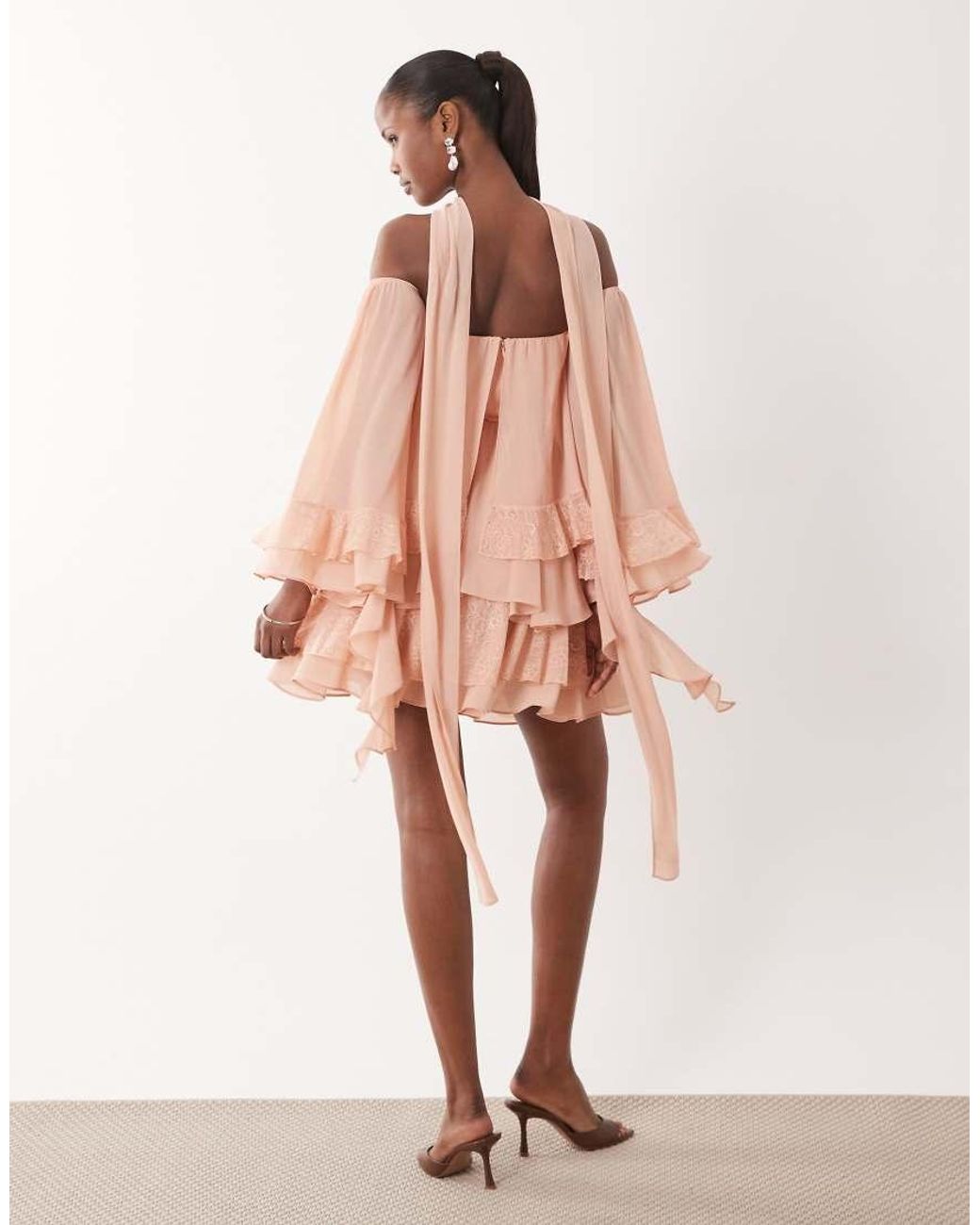 TFNC London Pink Bardot Chiffon Lace Mini Dress With Scarf