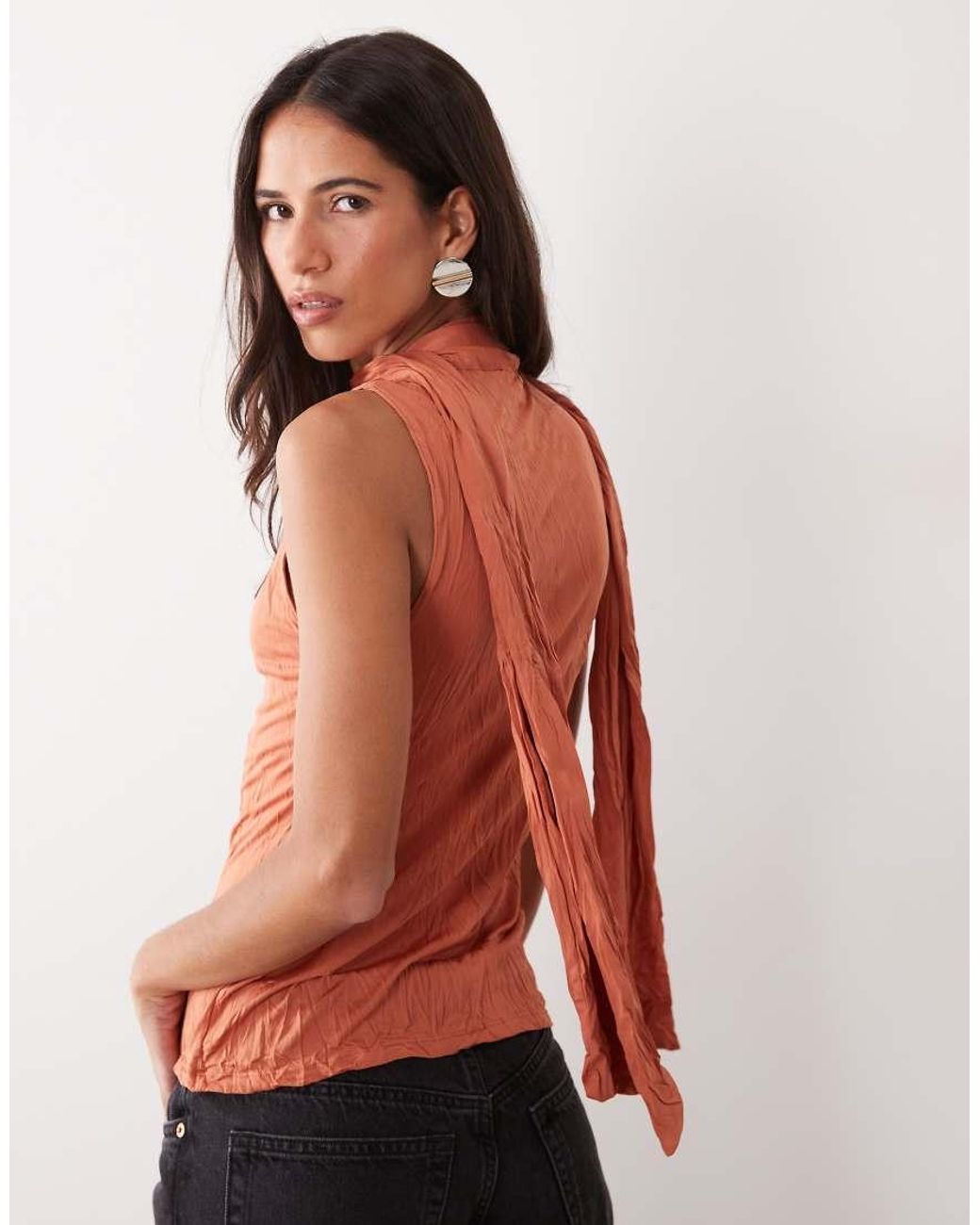 ASOS Orange Crinkle Scarf Neck Tank Top