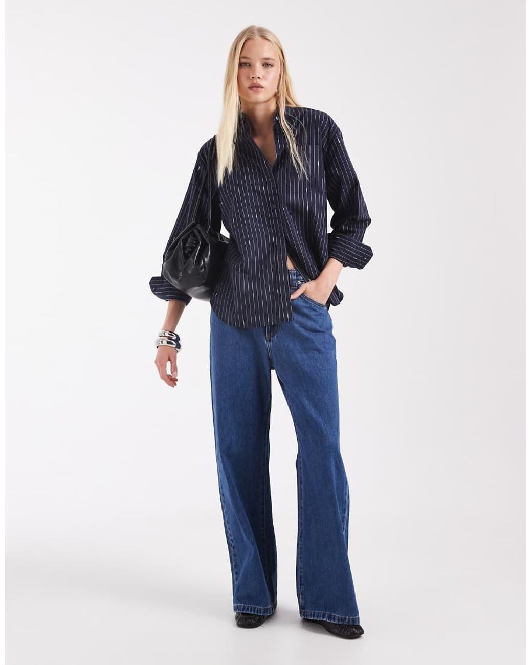 Lacoste Blue Oversized Jaquard Stripe Poplin Shirt