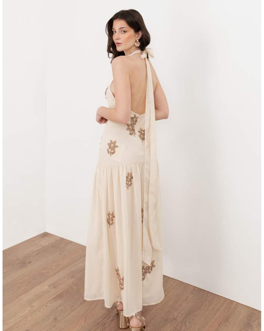 Maya Natural Embellished Drop Waist Halter Neck Midaxi Dress