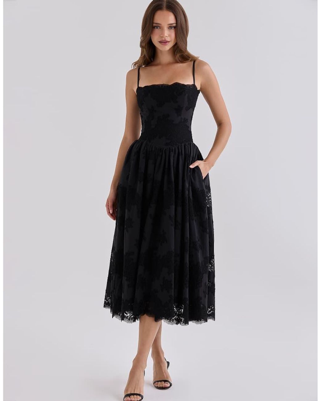 House Of Cb Black Chloe Cotton Broderie Anglaise Lace Midi Sundress
