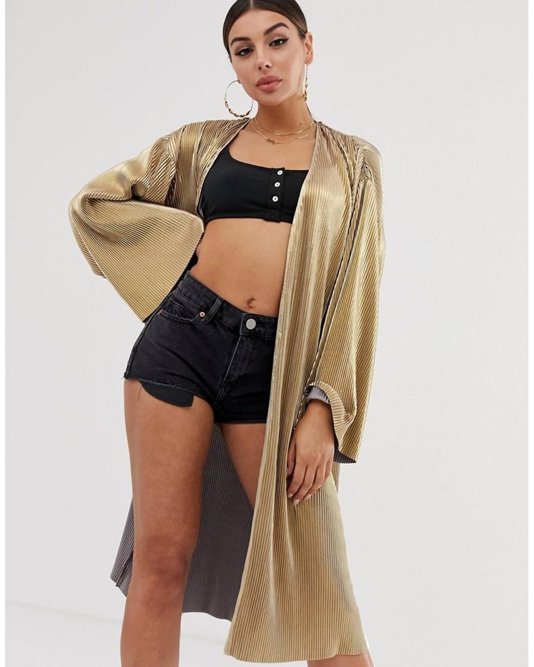 ASOS Gold Plisse Kimono Jacket in Metallic Lyst