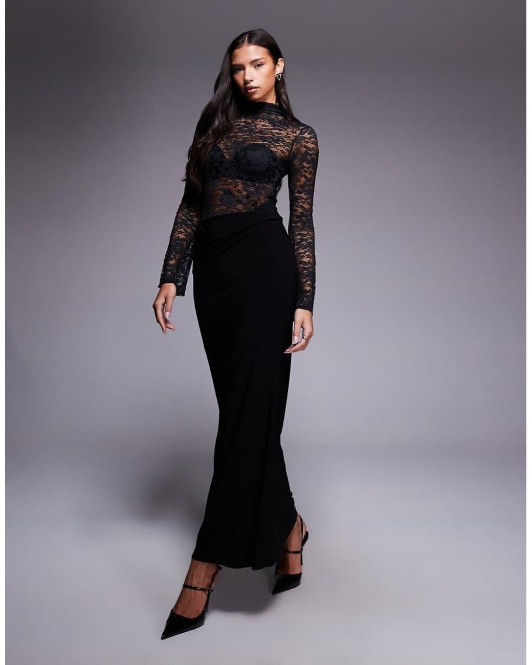 ASOS High Neck Long Sleeve Sheer Lace With Draped Waist Faux Ord Maxi Dress  in Blue | Lyst UK