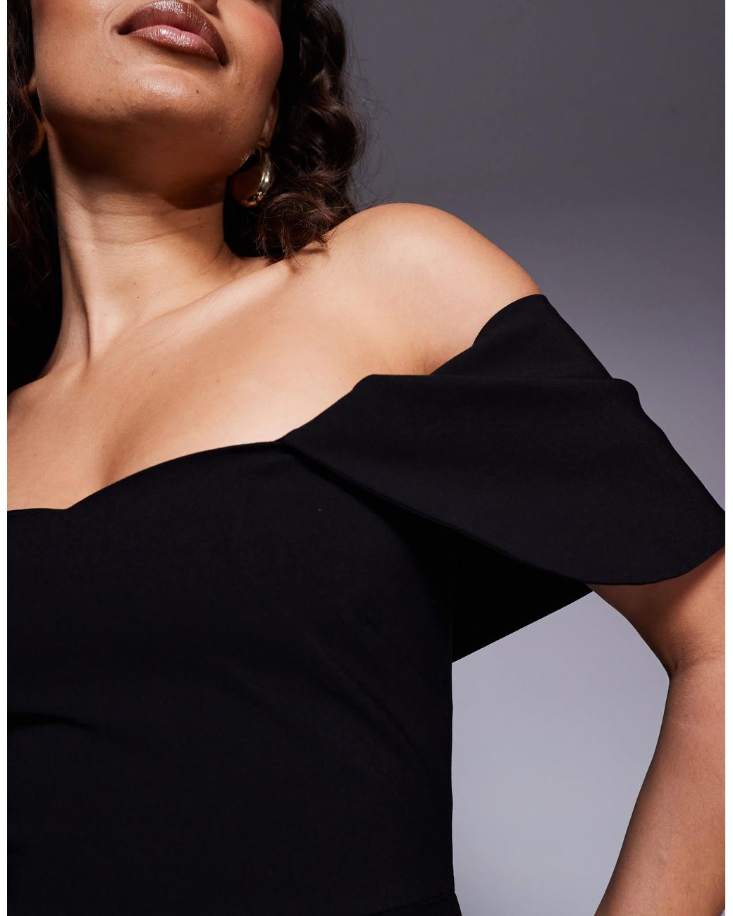 Vesper Petite Black Bengaline Bardot Drape Sleeve Detail Midaxi Dress