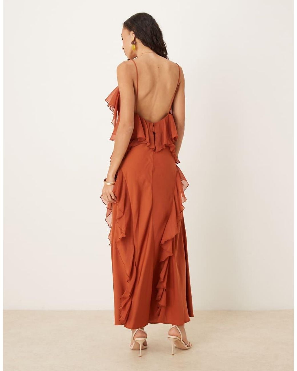 ASOS Brown Washed Satin Cami Maxi Dress With Chiffon Mix Ruffles And Full Hem