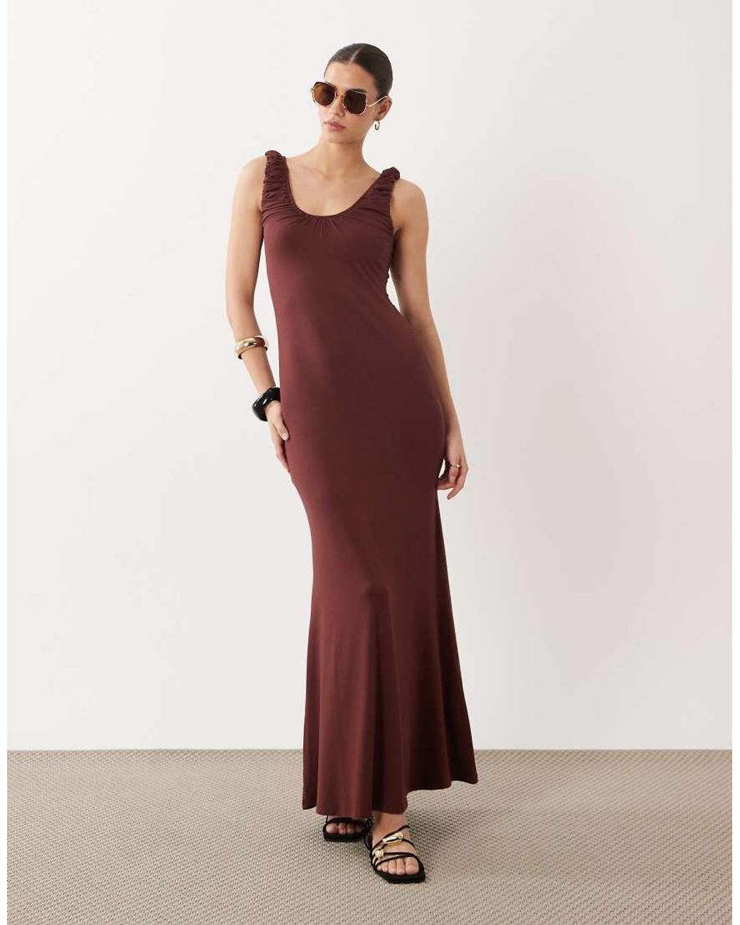 ASOS Brown Ruched Scoop Neck Midaxi Dress