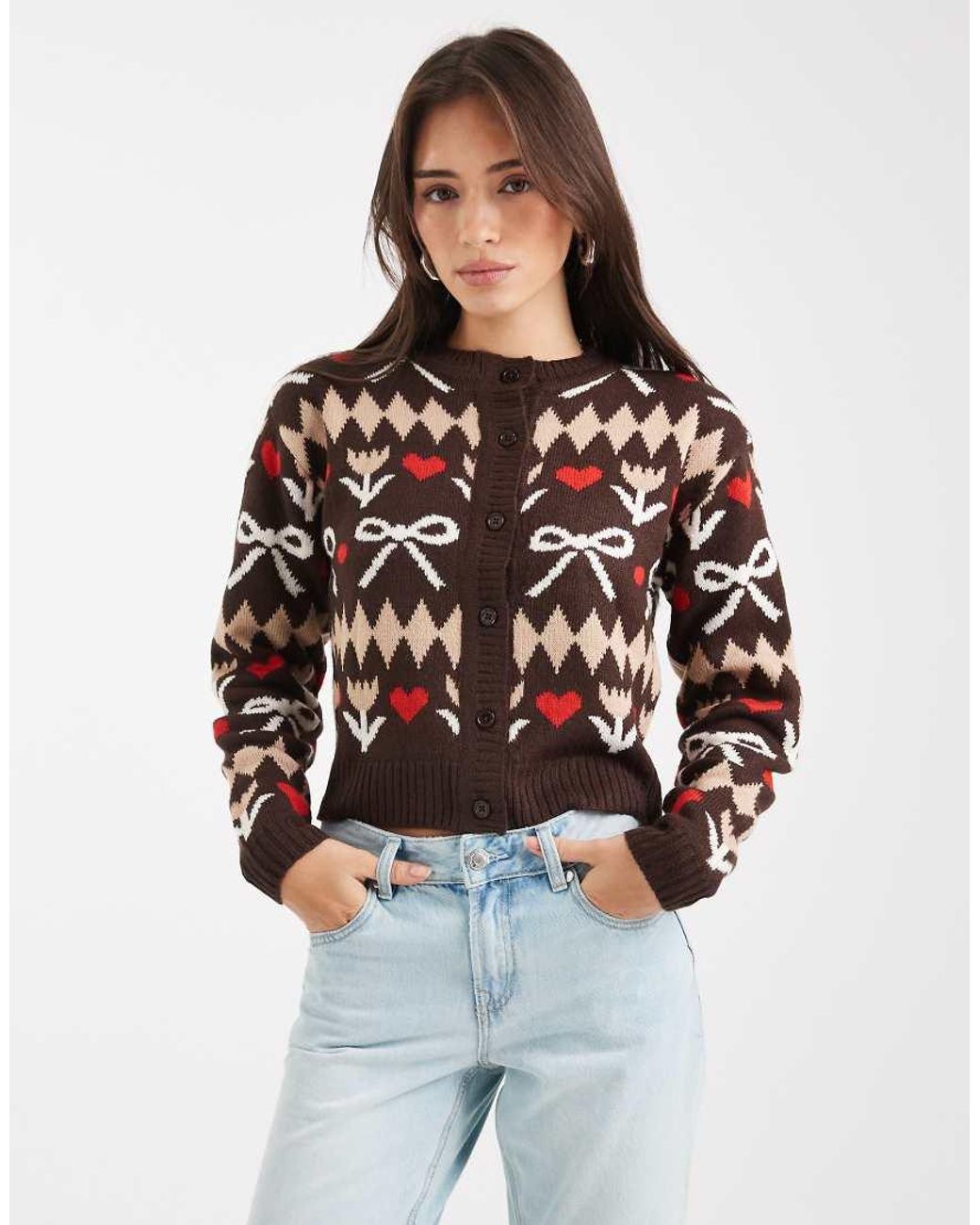 Wednesday's Girl Red Bow Intarsia Cardigan