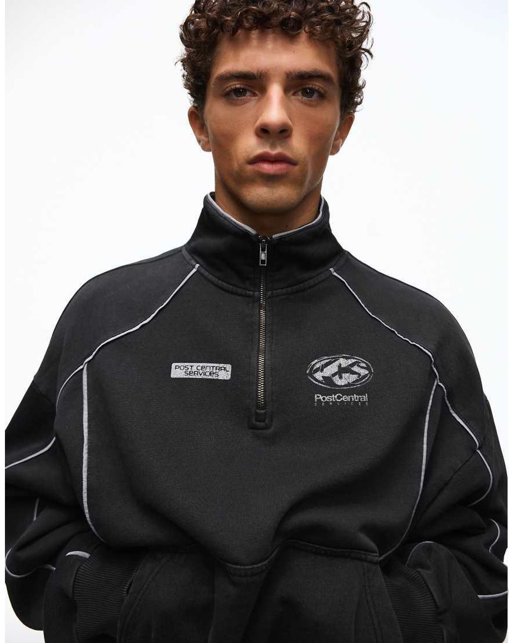 Bershka Black Washed Half-Zip Sweatshirt With Piping for men
