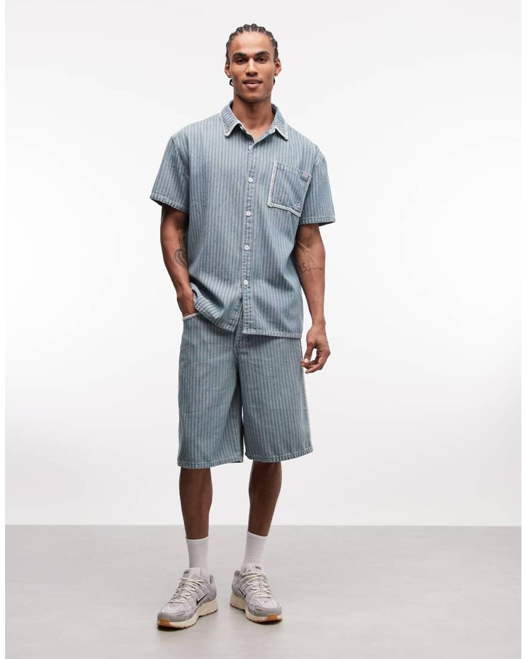 Liquor N Poker Blue Boxy Pinstripe Embroidery Pocket Detail Shirt for men