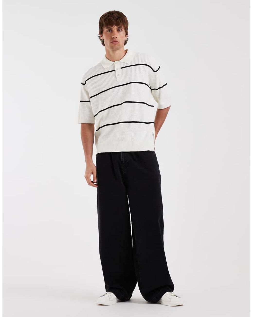 Redefined Rebel Natural Felix Oversized Knitted Striped Button Up Polo Shirt for men