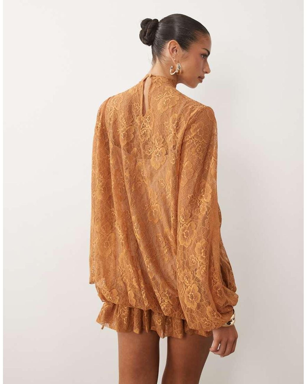 ASOS Brown Lace Mini Dress With Blouson Sleeve And Hem Detail