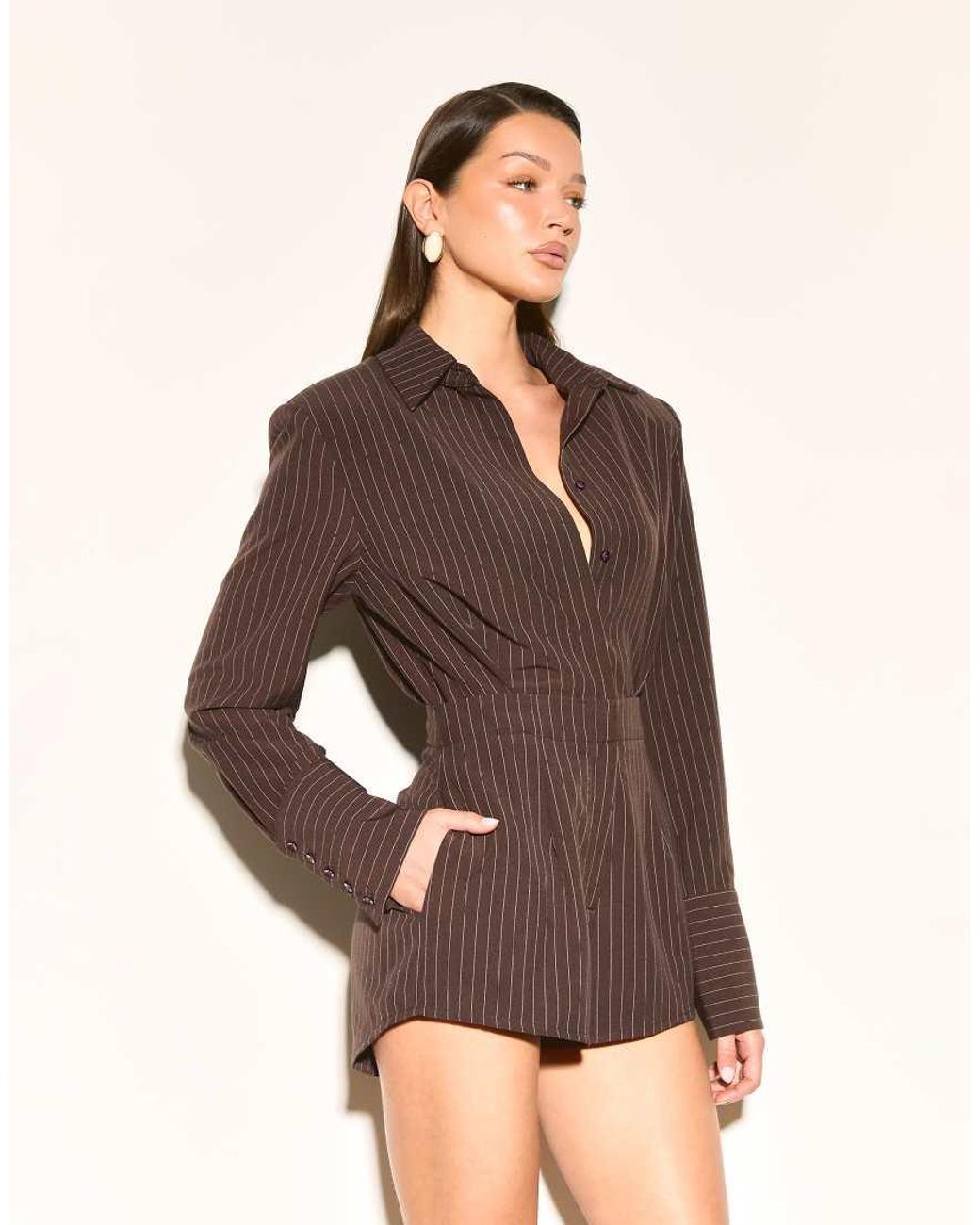 Noughts & Kisses Brown Shoulder Pad Tailored Deep Cuff Romper