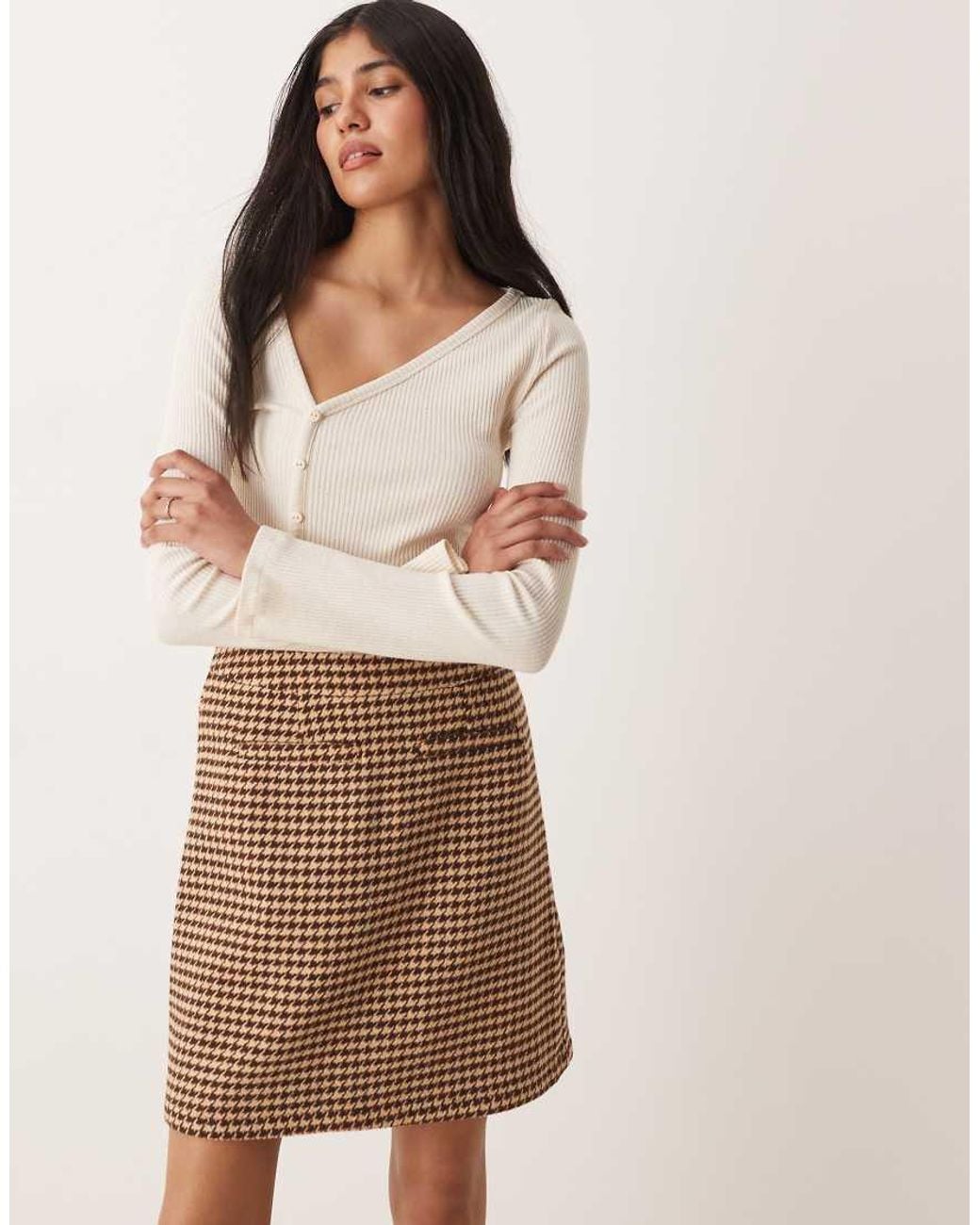 Threadbare Brown Check Mini Skirt With Pocket Detail