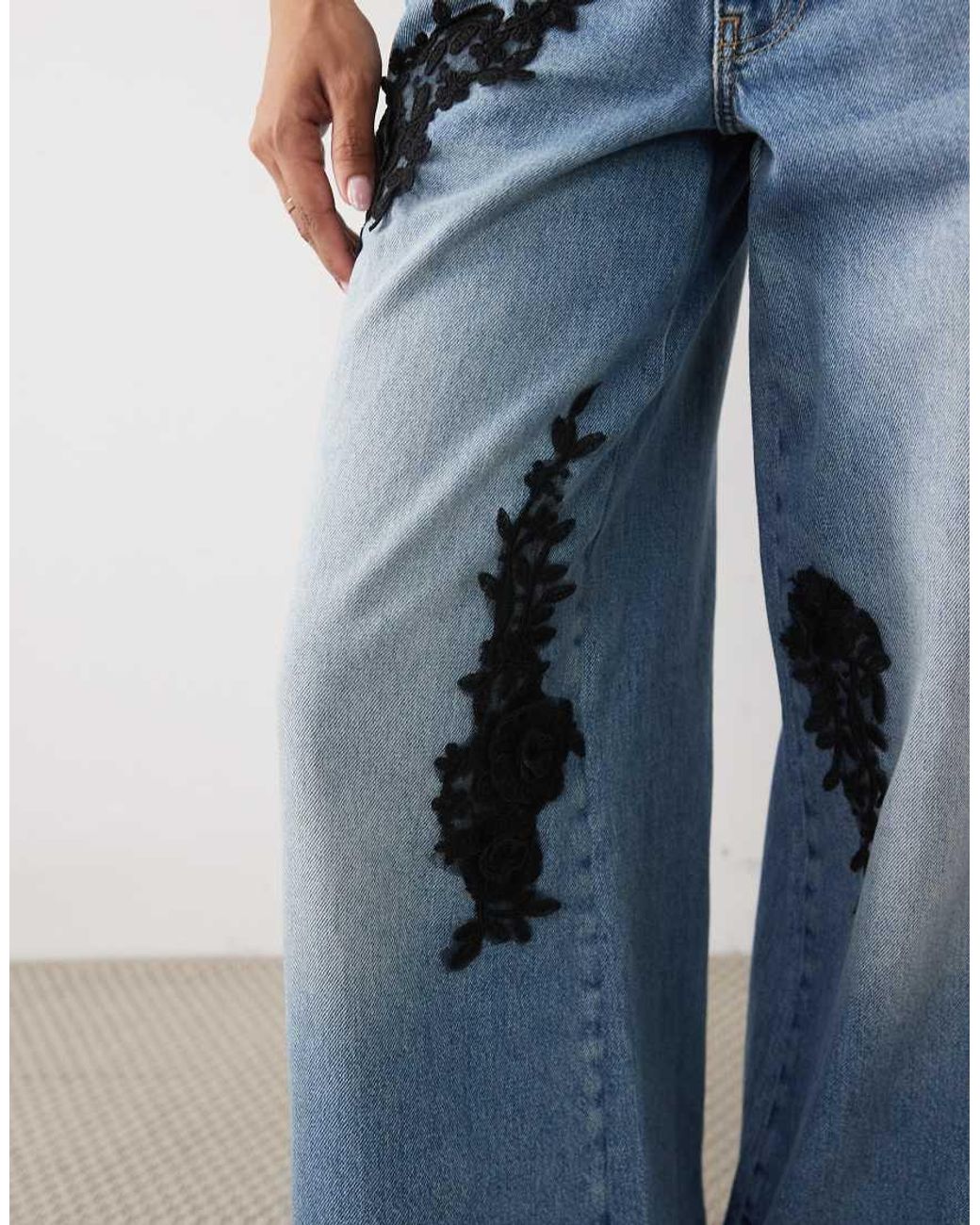 River Island Blue Floral Applique Baggy Fit Jeans