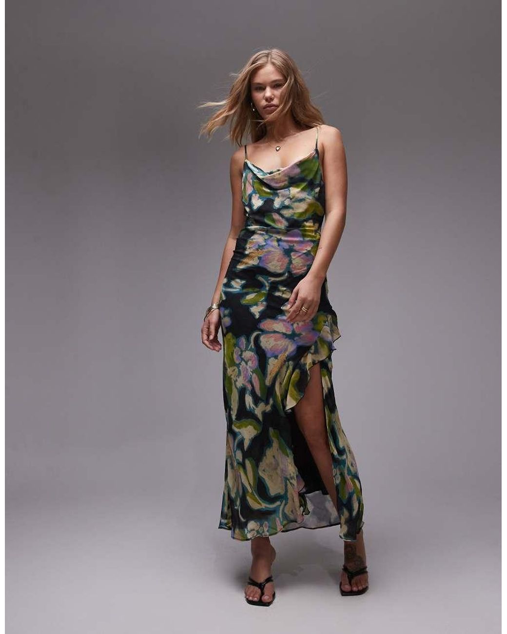 TOPSHOP Sheer Drape Midi Dress in Grey | Lyst UK
