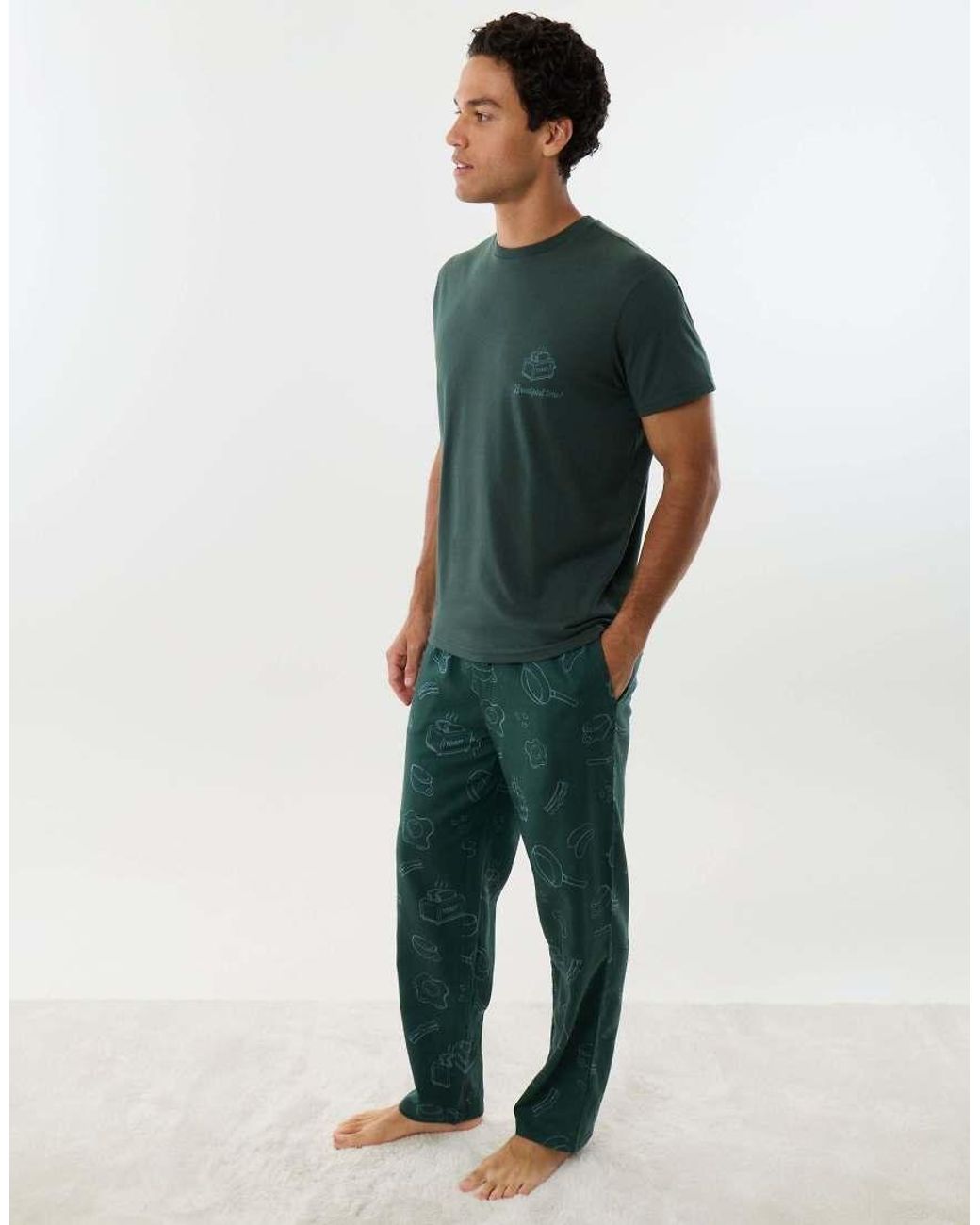Threadbare Green Breakfast Print Christmas Pyjama Set for men