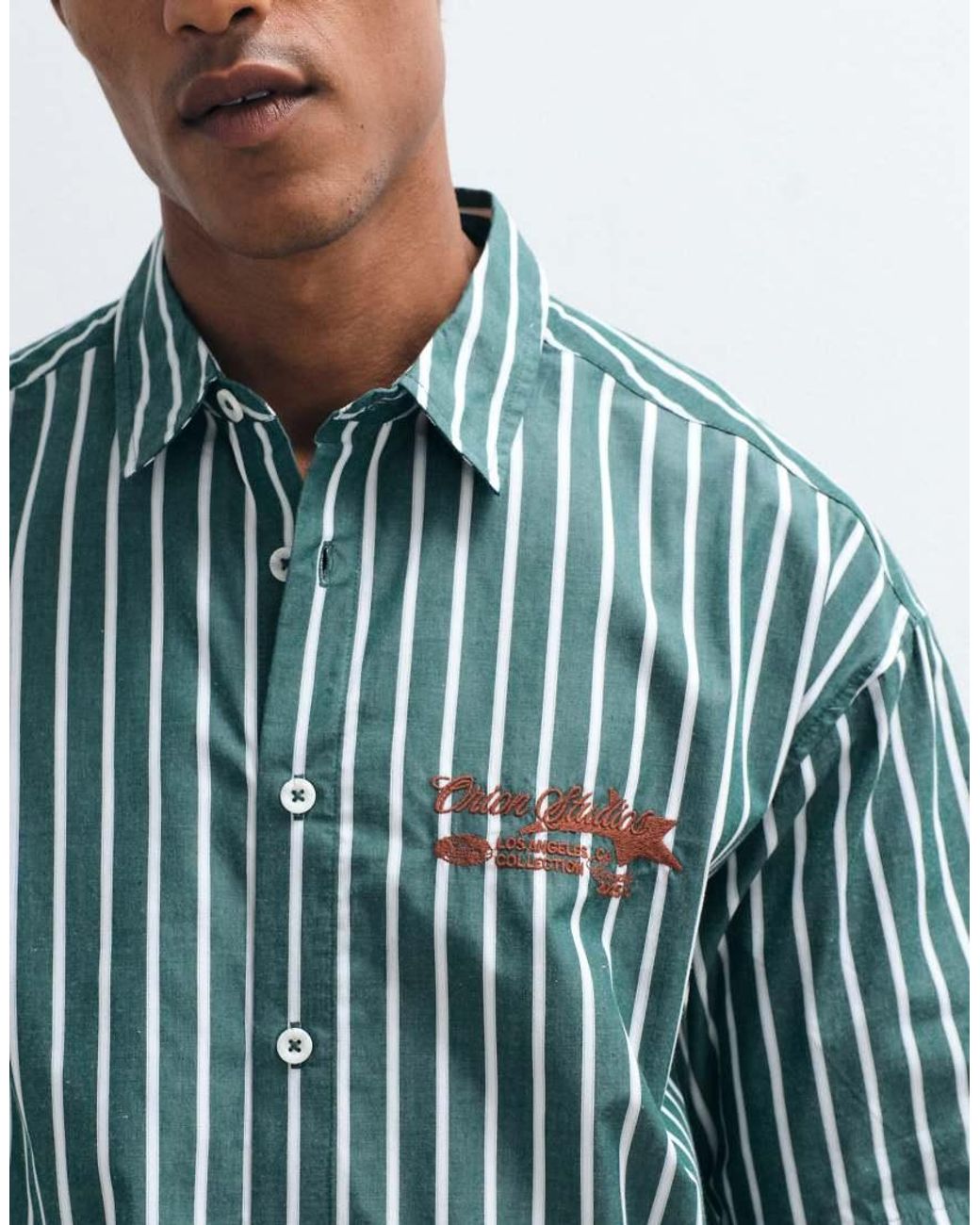 ASOS Green Boxy Oversized Stripe Shirt With Chest Embroidery for men