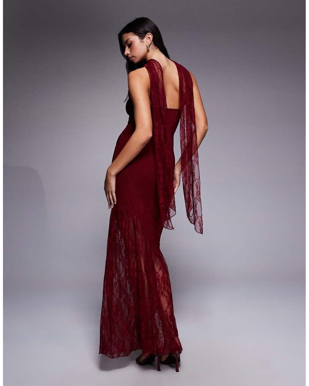 Fashionkilla Red Exclusive Double Sculpted Slinky Bandeau Sheer Lace Hem Scarf Detail Maxi Dress