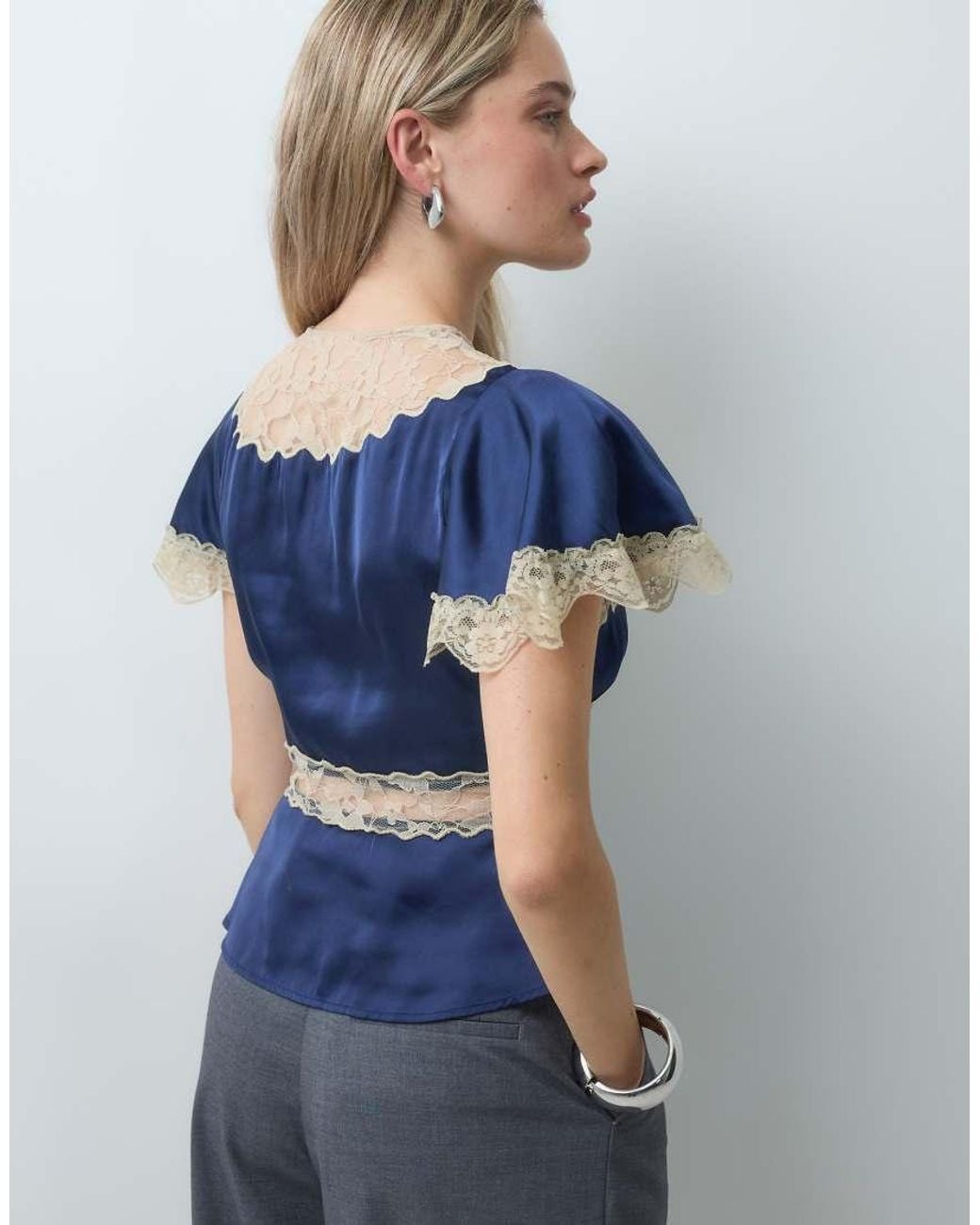 Reclaimed Vintage Blue Satin Tea Top With Contrast Lace Trim