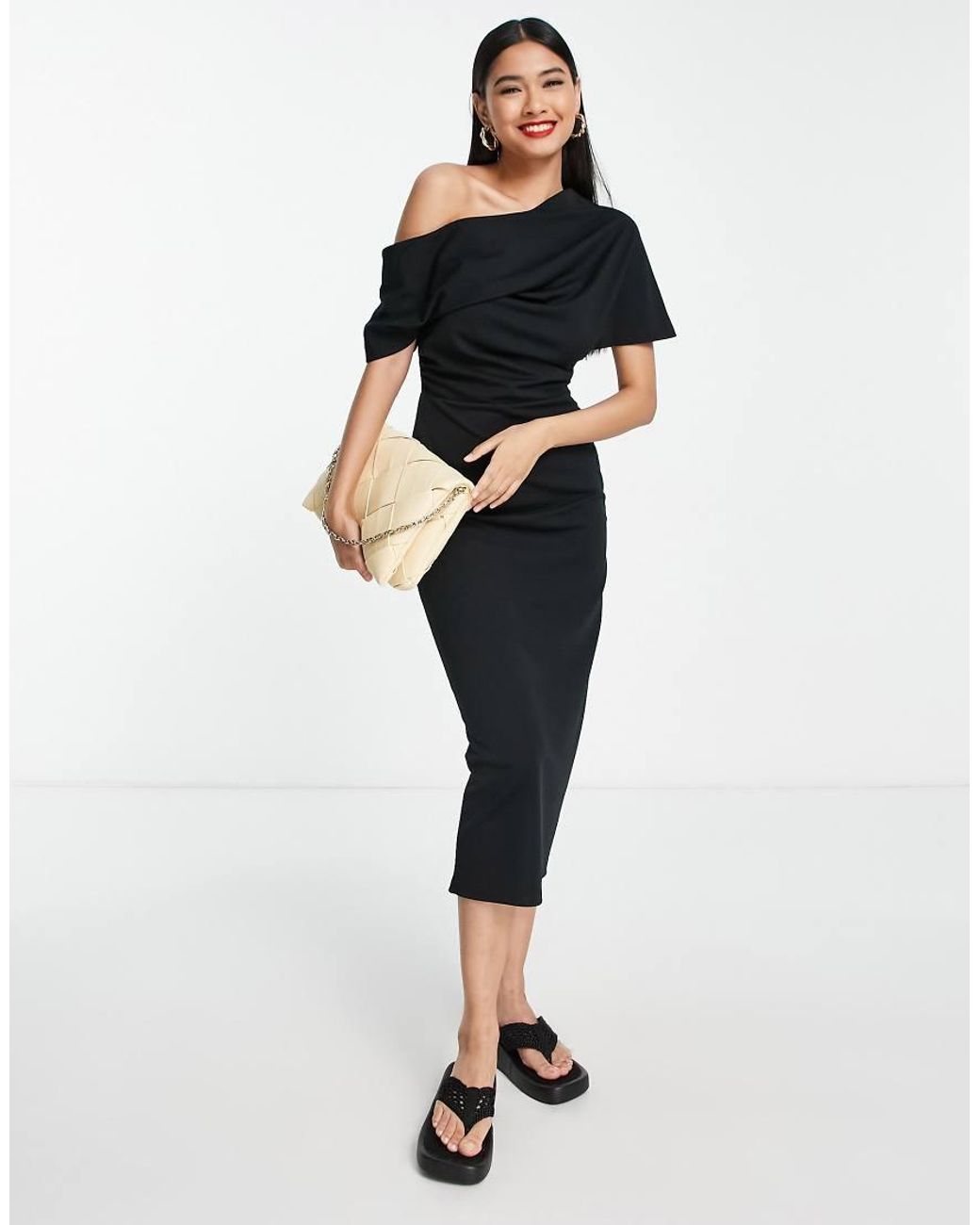 ASOS Black Pleated Shoulder Pencil Midi Dress