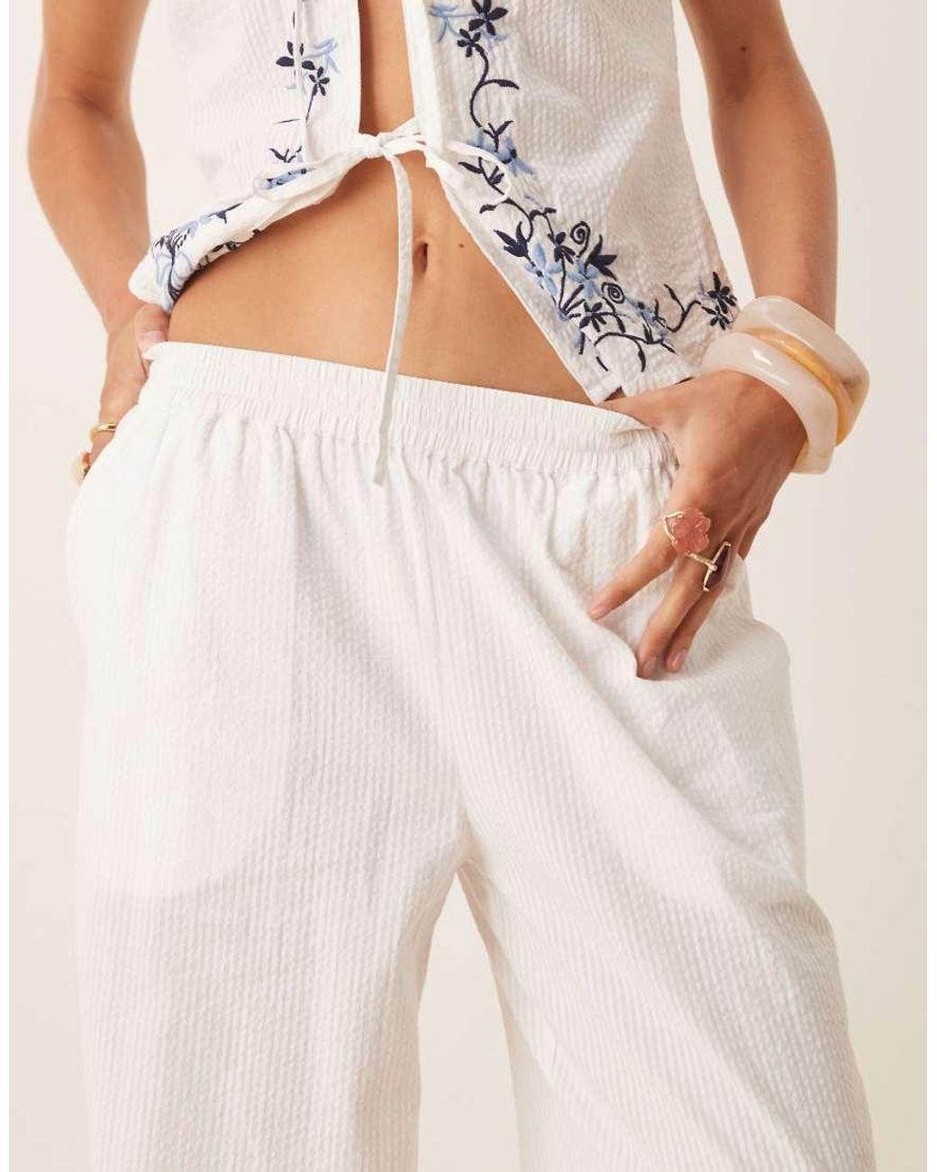 Neon Rose Natural Tie-side Embroidered Trousers Co-ord