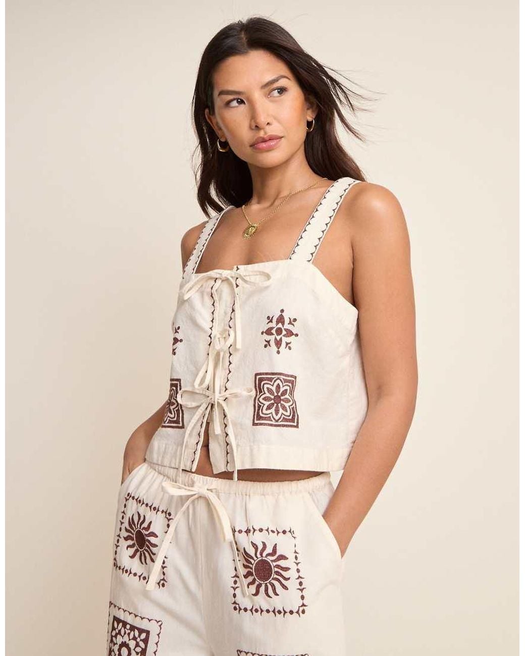 Nobody's Child Natural Topaz Cotton Printed Tie Detail Cami Top