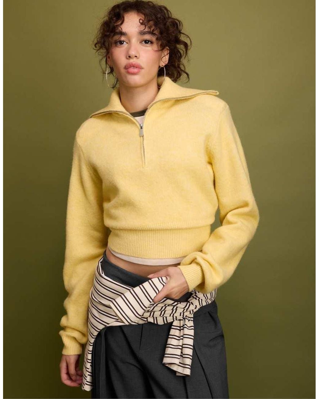 Stradivarius Green Knit Jumper With Padded Shoulders And Quarter-zip