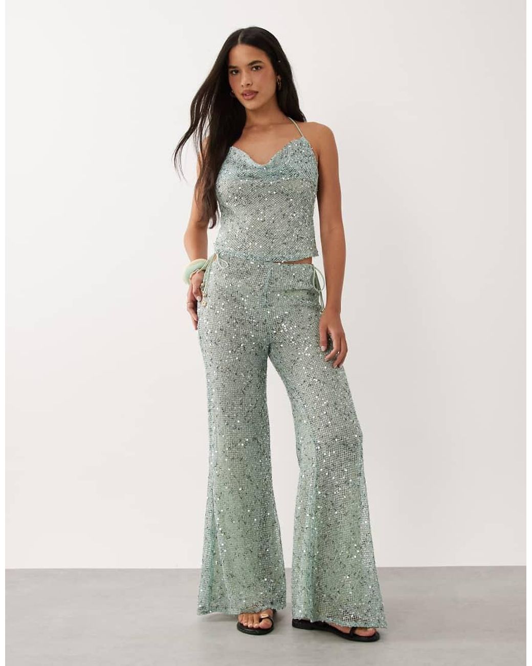 Kulani Kinis Green Sea Spritz Crochet Sequin Halterneck Top