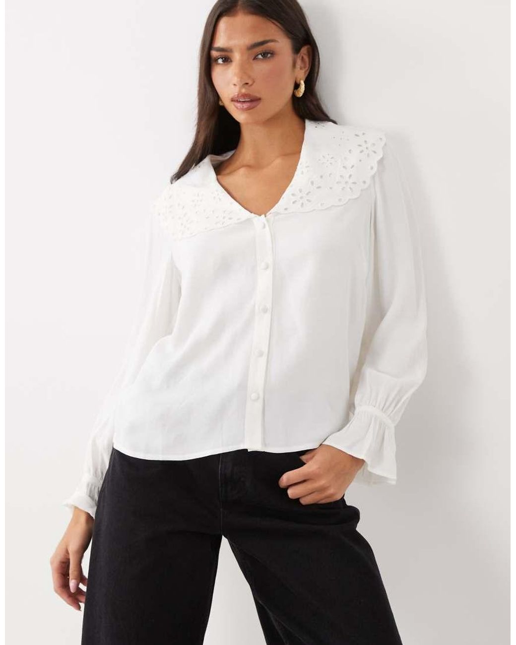 Nobody's Child White Briar Lace Cutwork Oversized Collar Ruffle Sleeve Blouse