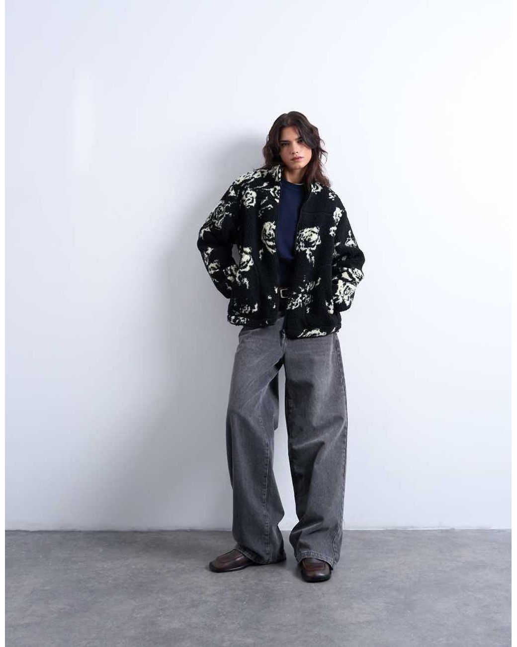 TOPSHOP Blue Mono Floral Print Fleece Borg Jacket