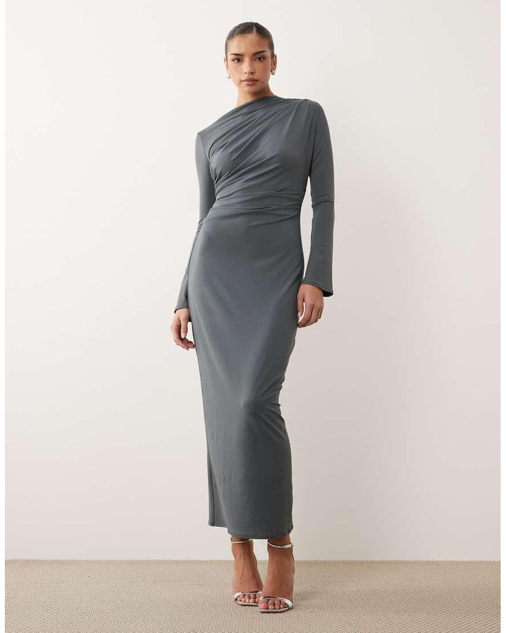 ASOS Gray Asymmetric Drape Slash Neck Maxi Dress